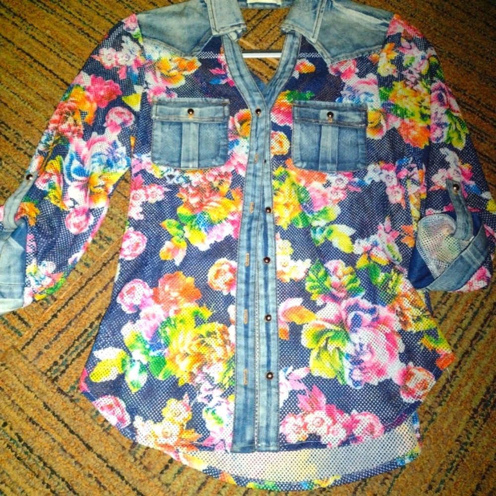 Neon floral and jean shirt